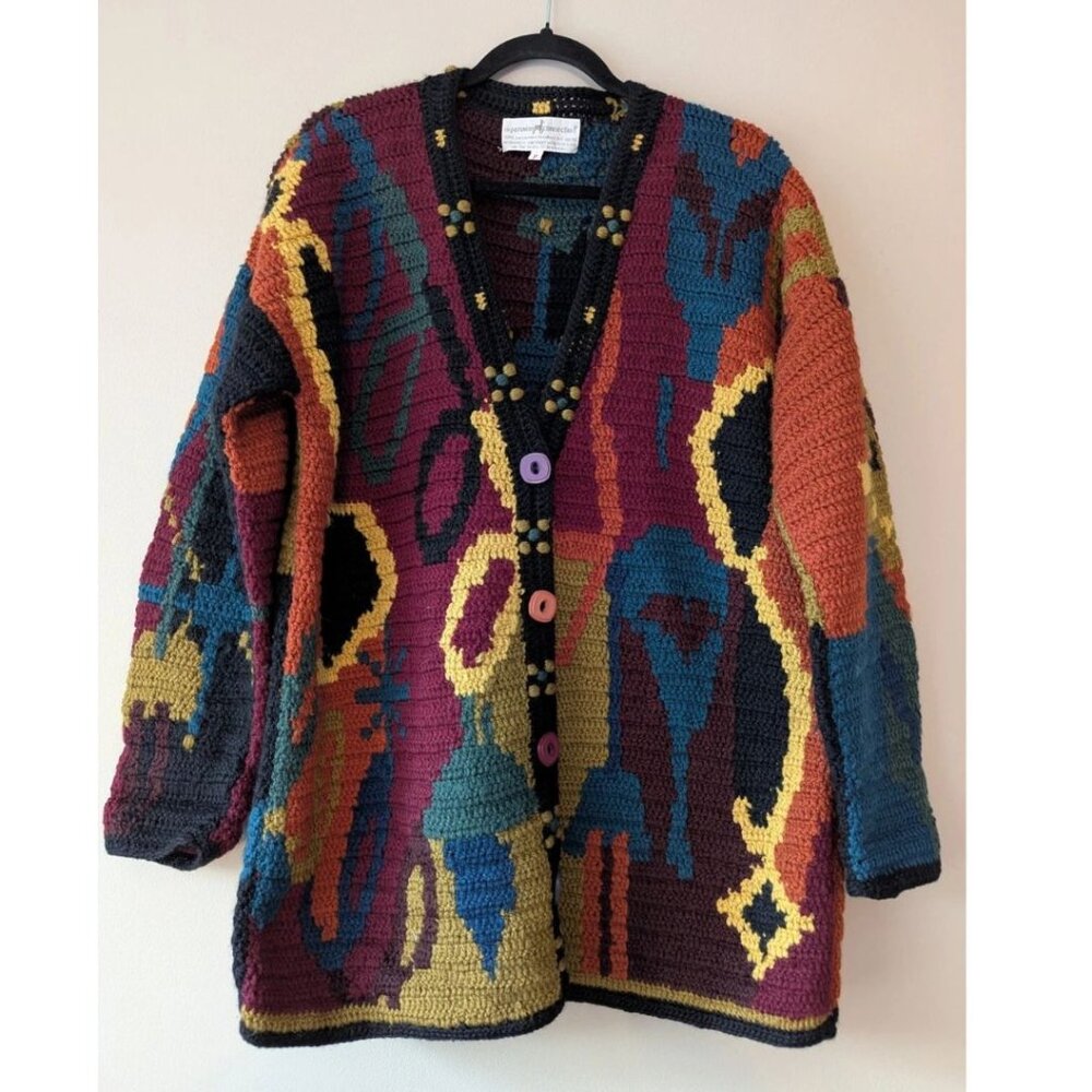 Vintage 80s PERUVIAN CONNECTION Oversized Merino Wool Knit Cardigan Size S/M/L